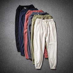 Cotton Linen Harem Pants Men Solid Elastic Waist Streetwear Joggers Baggy Drop-crotch Pants Casual Trousers Men Running