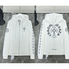 Chrome Hearts Cross Sleeve & Large Back Cross Zip-Up Hoodie (White)