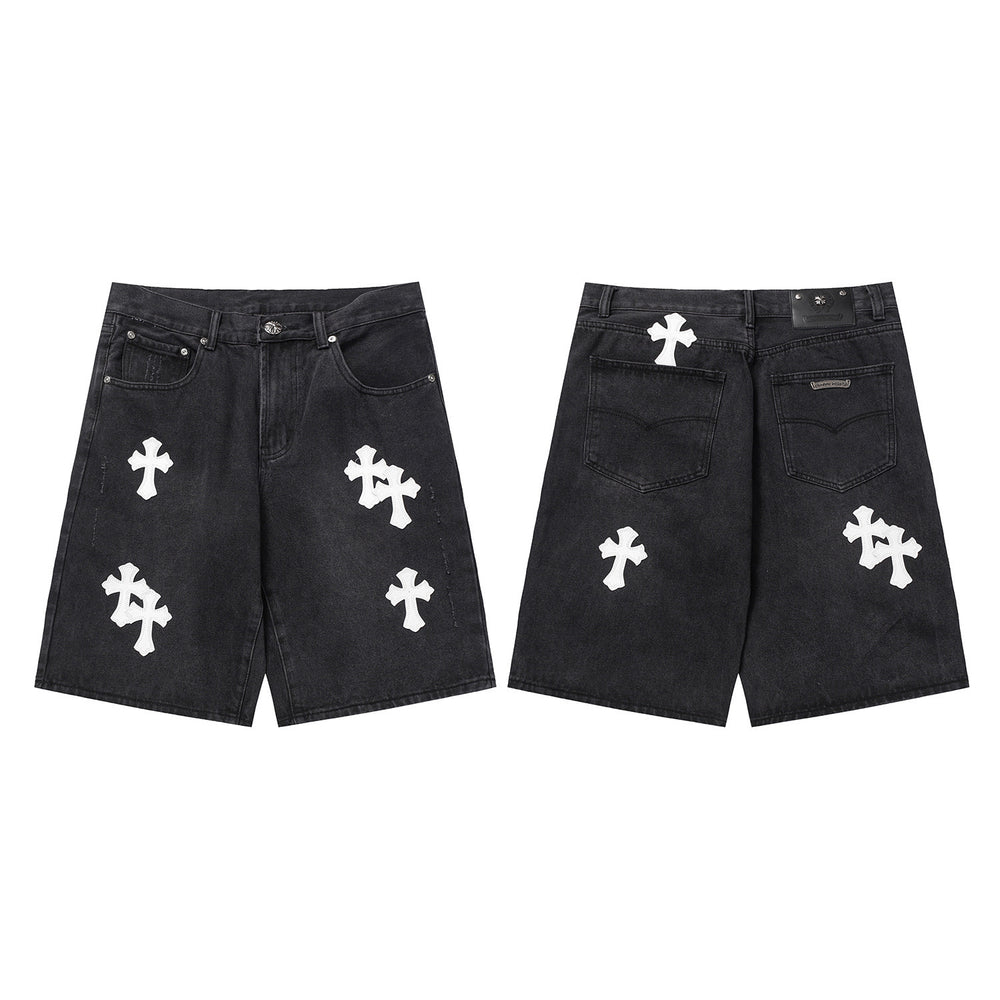 Chrome Hearts Black & White Cross Patch Denim Shorts