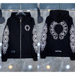 Chrome Hearts Horseshoe & Floral Cross Zip-Up Hoodie (Black)