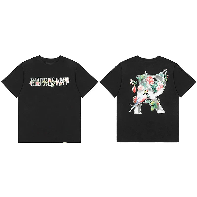 Represent Floral & Bird Silver "R" Graphic T-Shirt - Black