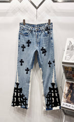 Chrome Hearts Light Blue & White-Paneled Black Cross Patch Denim Jeans