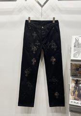 Chrome Hearts Black Leather Cross Patch Denim Jeans