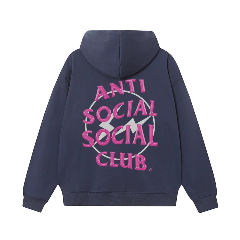 Anti Social Social Club Pink Lightning Circle Logo Hoodie - Navy Blue
