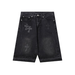 Chrome Hearts Black Heavy Wash & Tonal Cross Patch Denim Shorts