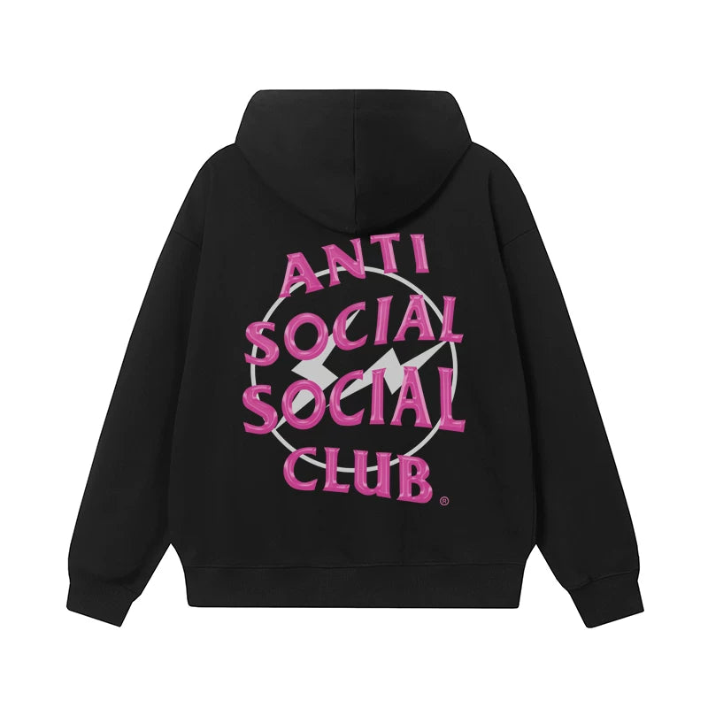 Anti Social Social Club Pink Lightning Circle Logo Hoodie - Black