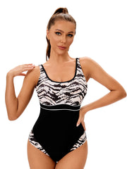 Black & White Print One Piece Swimsuit Women's Patchwork Monokini U-neck Suspender Backless Beach Vacation Swimwear