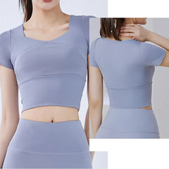 Gym Crop Tops Padded Cup Yoga Tops Elastic Breathable Yoga Bra 3D Fit Cup Slim Fit Workout Short Sleeve Sports Crops