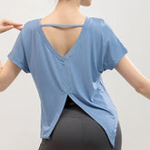 V-Shape Back Split Yoga Top Women's Short Sleeve Lightweight Loose Quick Drying Pilates Dancing Workout Cover-up