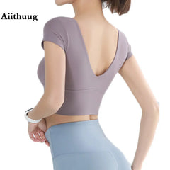 Built-in Cup Gym Crops U Neck Yoga Crop Top Grace Neck Line Bra Elastic Stretchy Fitness Crops Breathable Gym Top