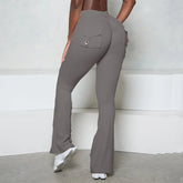 Pocket Button Flare Leggings High Waist Wide Leg Yoga Pant Women Gym Fitness Sport Dance Trousers Active Bottoms