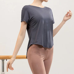 V-Shape Back Split Yoga Top Women's Short Sleeve Lightweight Loose Quick Drying Pilates Dancing Workout Cover-up