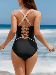 One Piece Swimsuit Women Contrast Color Leopard Bodysuit Holiday Fashion Slim Female Beachwear