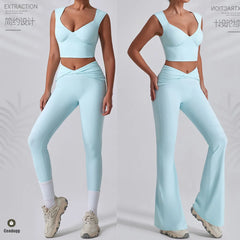2PCS Women Yoga Set Workout Pant Outfits Fitness Sportswear Gym High Waist Flare Leggings Sports Bra Athletic Tracksuit