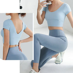 Built-in Cup Gym Crops U Neck Yoga Crop Top Grace Neck Line Bra Elastic Stretchy Fitness Crops Breathable Gym Top