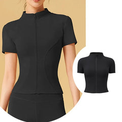 Aiithuug Yoga Tops Zipper Short Sleeve Gym Shirts Waist Slimmer Zip Up Sports Workout Top Fitness Jackets Running Slim Fit Tops