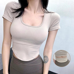 Aiithuug U Neck Yoga Bra Crop Bra Short Sleeve Ribbed Gym Crop Pilates Bras Gym Bra Workout Crops Fitness Top Running Crops