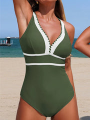 Contrast Color Bathing Suit Women V Neck Bodysuit Backless Cross Holiday Swimwear Bathers One Piece