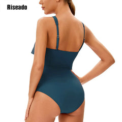 Women's One Piece Swimsuits Tummy Control Halter High Waisted Bathing Suit with Ruffle Shoulder