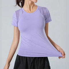 PofyBofy Mesh Stitching Reflective Strip Back Quick Dry Elastic Breathable Basic Short Sleeve Yoga T-shirt Women Gym Fitness Top