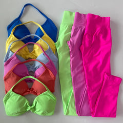 2 Pieces Set For Woman Strappy Yoga Bra Sports Top Workout Leggings Set Seamless Gym Set Fitness Clothes Outfit Activewear