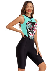 One Piece Zipper Swimsuit Knee Length Racing Swimsuit Female Swimming Sleeveless Outfit Women Professional Sporty Swimwear