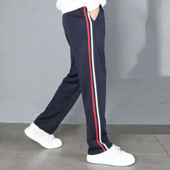 Red White Stripes Casual Sports Pants Solid Elastic Waist Pockets Durable Breathable Straight Trousers