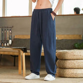 Men Elastic Waist Drawstring Wide Leg Pants Solid Color Loose Fit Casual Linen Blend Trousers