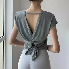 Aiithuug U Neck Cross Back Open Yoga Tops Loose Vest Short Sleeves Quick Drying Breathable Tops Workout Pilates Cover-up Shirts