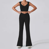 2PCS Women Yoga Set Workout Pant Outfits Fitness Sportswear Gym High Waist Flare Leggings Sports Bra Athletic Tracksuit