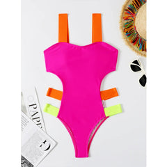 Hot Pink Color Block One-piece Swimsuit Women Neon Swimwear