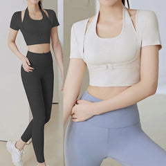 Two Pieces Yoga Shirts Short Sleeve Yoga Crop Tops Build In Cup Gym Crops Gym Shirt Fitness Workout Top Halterneck
