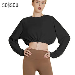 Yoga Gym Top Women Shirts Long Sleeve Crop Top Sportswear Loose Elastic Breathable Adjustable Hem Sports Womens Clothing