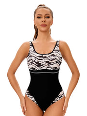 Black & White Print One Piece Swimsuit Women's Patchwork Monokini U-neck Suspender Backless Beach Vacation Swimwear