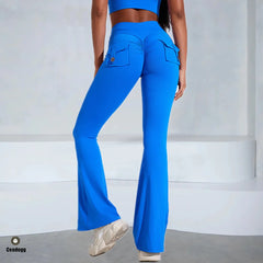 Pocket Button Flare Leggings High Waist Wide Leg Yoga Pant Women Gym Fitness Sport Dance Trousers Active Bottoms