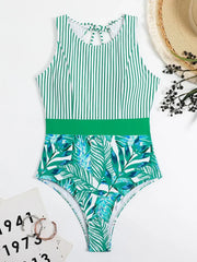 One Piece Swimsuit Women Striped Print Beachwear Hollow Out Lace Up Monokini Summer 2026 Bikinis Beach Fashion Bodysuit
