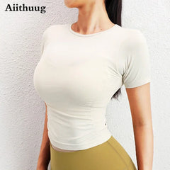 Side Ruched Round Neck Yoga Short Sleeve Seamless Shirts Stretch Breathable Daily Sports Tennis Golf Tops Fitness Crops