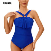 Women's One Piece Swimsuits Tummy Control Halter High Waisted Bathing Suit with Ruffle Shoulder
