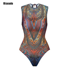 One Piece Women's Swimsuit Retro Print Vintage Russia Swimwear Sleeveless Bodysuit Large Size Summer Suit