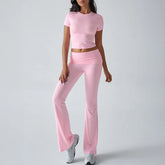 Foldable 2PCS Yoga Set Women Short Sleeve Crop Top Slim Fit High Waist Flare Leggings Fitness Suit Workout Gym Running Tracksuit