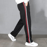Red White Stripes Casual Sports Pants Solid Elastic Waist Pockets Durable Breathable Straight Trousers
