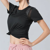 PofyBofy Mesh Stitching Reflective Strip Back Quick Dry Elastic Breathable Basic Short Sleeve Yoga T-shirt Women Gym Fitness Top