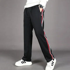 Red White Stripes Casual Sports Pants Solid Elastic Waist Pockets Durable Breathable Straight Trousers