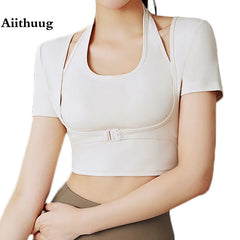 Two Pieces Yoga Shirts Short Sleeve Yoga Crop Tops Build In Cup Gym Crops Gym Shirt Fitness Workout Top Halterneck