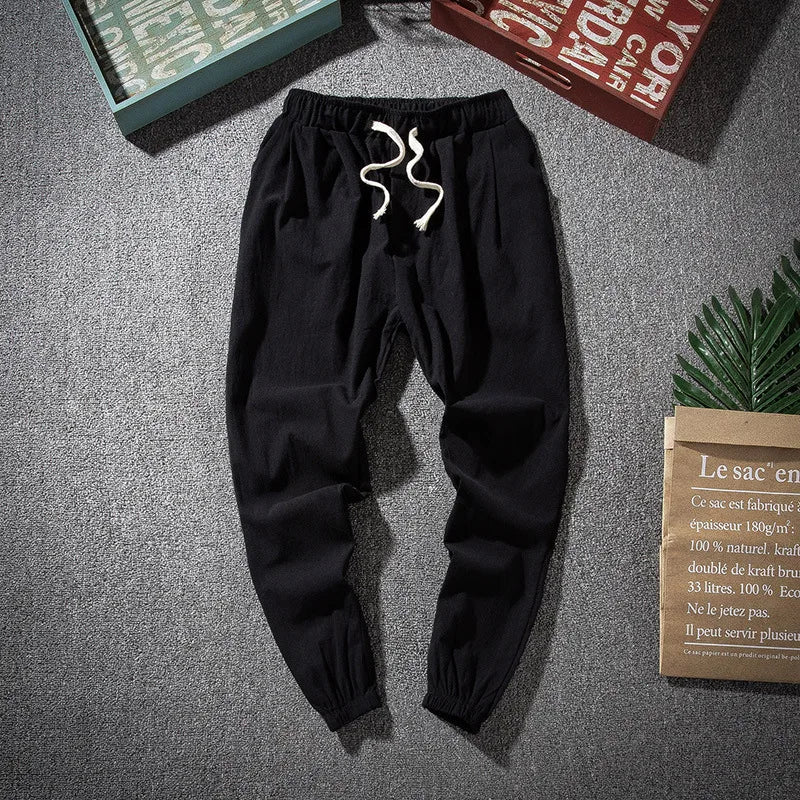 Cotton Linen Harem Pants Men Solid Elastic Waist Streetwear Joggers Baggy Drop-crotch Pants Casual Trousers Men Running