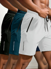 Men's Shorts Three-Piece Set, Sports, Fitness, Swimming, Zipper Pockets, Quick-Drying, Casual, Breathable, Drawstring Shorts, Suitable for Summer Outdoor Sports, Fitness Training, Home Leisure, Beach Vacation