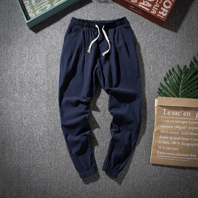 Cotton Linen Harem Pants Men Solid Elastic Waist Streetwear Joggers Baggy Drop-crotch Pants Casual Trousers Men Running