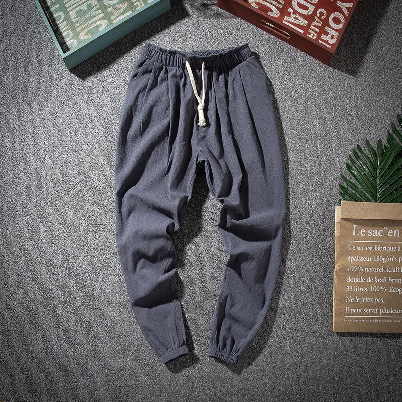 Cotton Linen Harem Pants Men Solid Elastic Waist Streetwear Joggers Baggy Drop-crotch Pants Casual Trousers Men Running