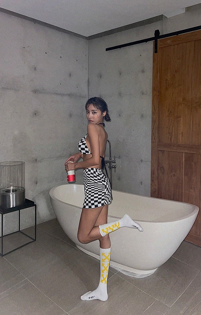 Black And White Checked Pattern Bikini (3 Pieces Set)