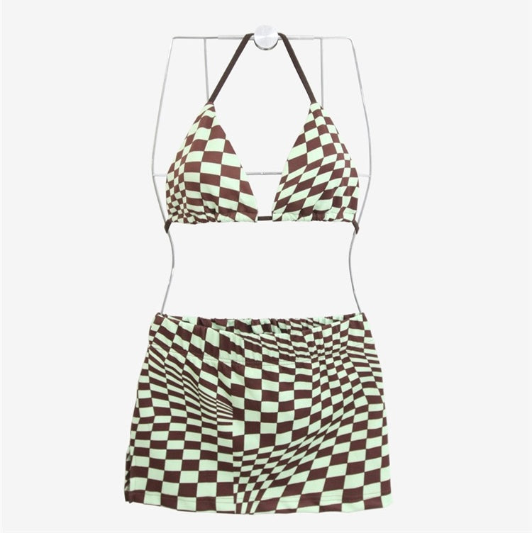 Mint Chocolate Checked Pattern Bikini (3 Pieces Set)